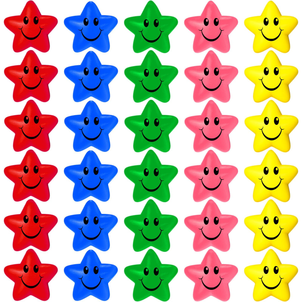 Sumind 30-Pack Smile Face Star Stress Balls - 2.16-Inch Foam Squeeze Balls for Anxiety Relief, Party Favors, and Classroom Rewards (5 Colors)