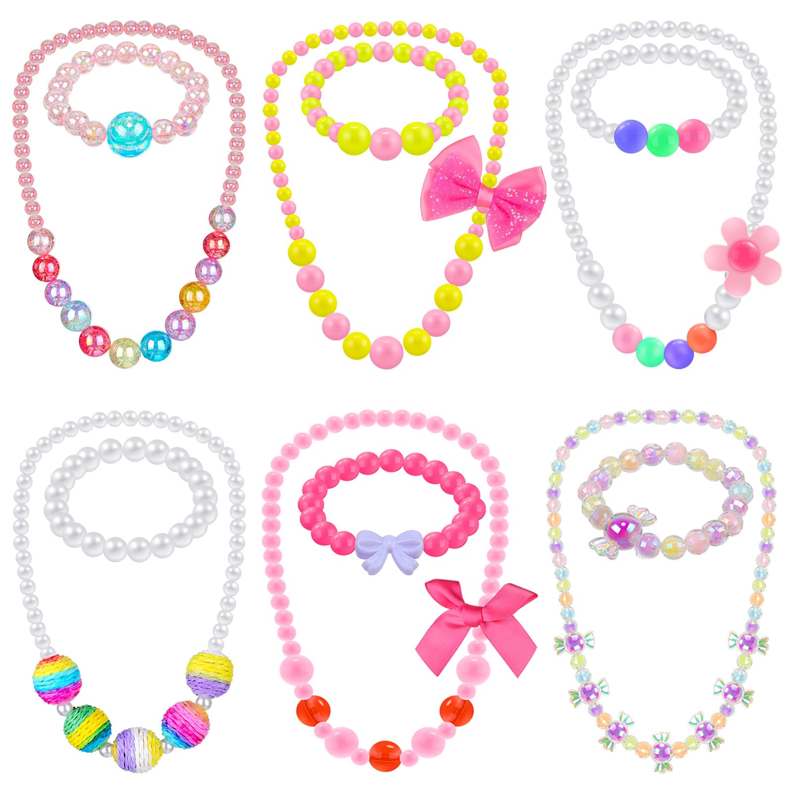 Sumind 6-Piece Toddler Jewelry Set: Beaded Necklaces and Bracelets for Girls' Dress-Up