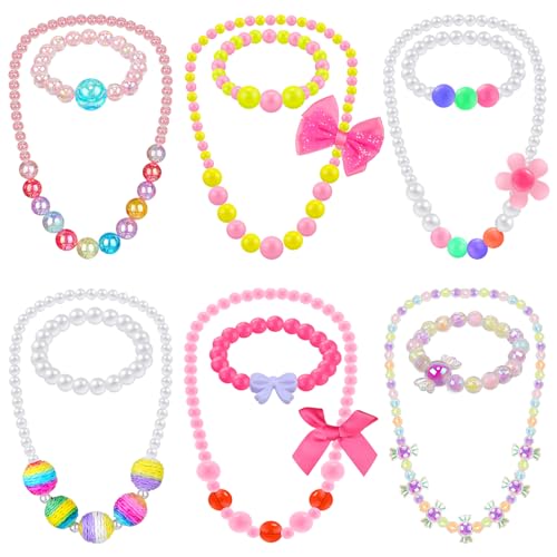 Sumind 6-Piece Toddler Jewelry Set: Beaded Necklaces and Bracelets for Girls' Dress-Up