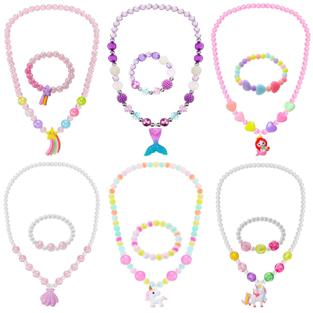 Sumind 6 Sets Toddler Jewelry – 12-Piece Beaded Necklace and Bracelet Set for Little Girls, Magic Style Dress Up Costume Favors