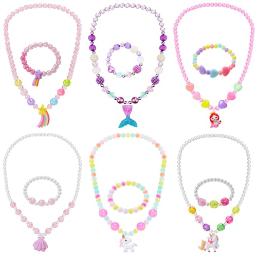 Sumind 6 Sets Toddler Jewelry – 12-Piece Beaded Necklace and Bracelet Set for Little Girls, Magic Style Dress Up Costume Favors