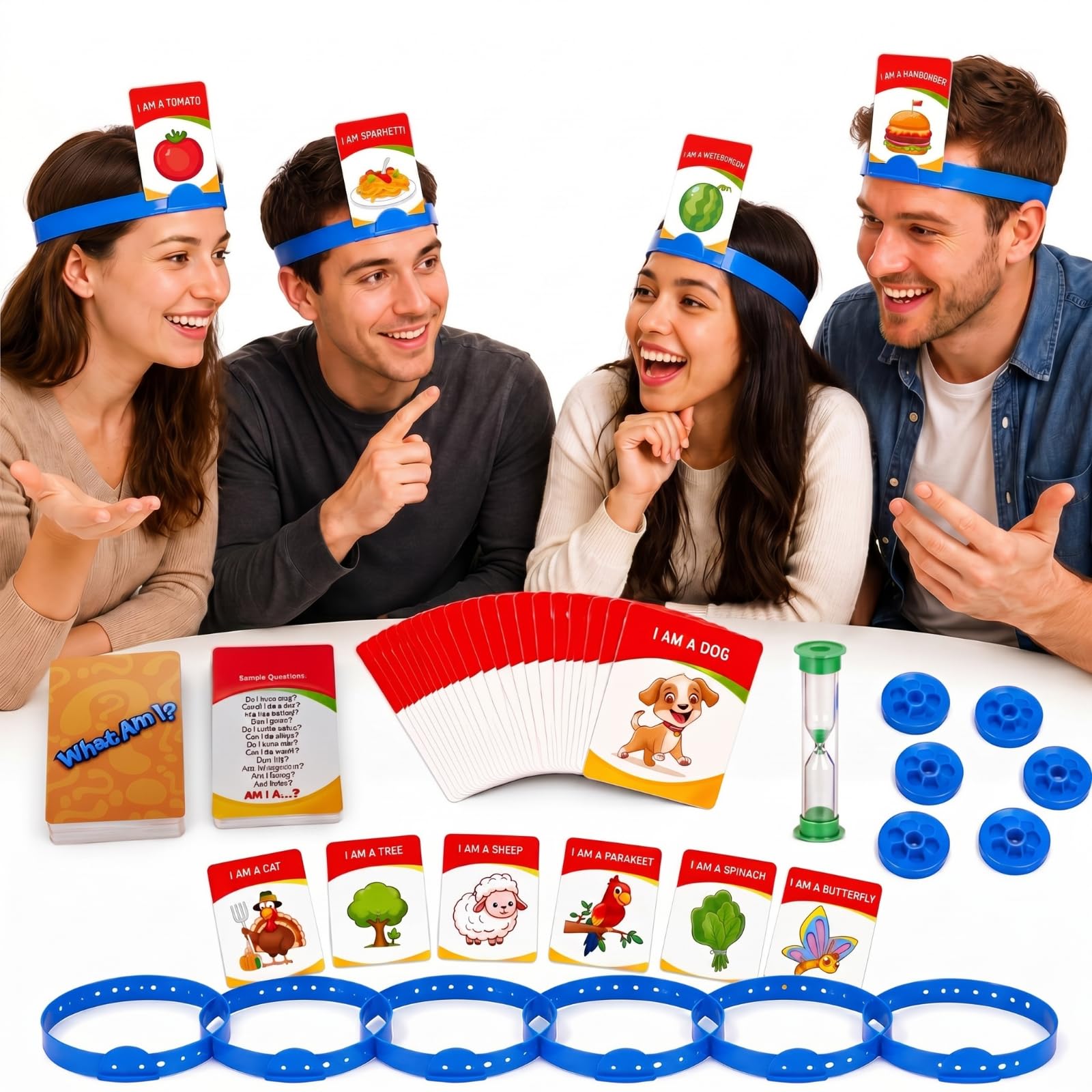 Sumind Headband Guessing Game - Fast-Paced 'What Am I?' Family Board Game with Adjustable Headbands, 3 Categories of Picture Cards, Sand Timer, and Scoring Coins