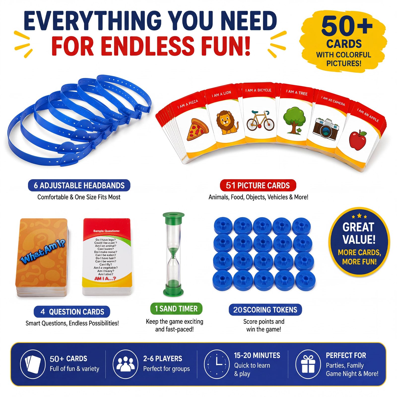 Sumind Headband Guessing Game - Fast-Paced 'What Am I?' Family Board Game with Adjustable Headbands, 3 Categories of Picture Cards, Sand Timer, and Scoring Coins