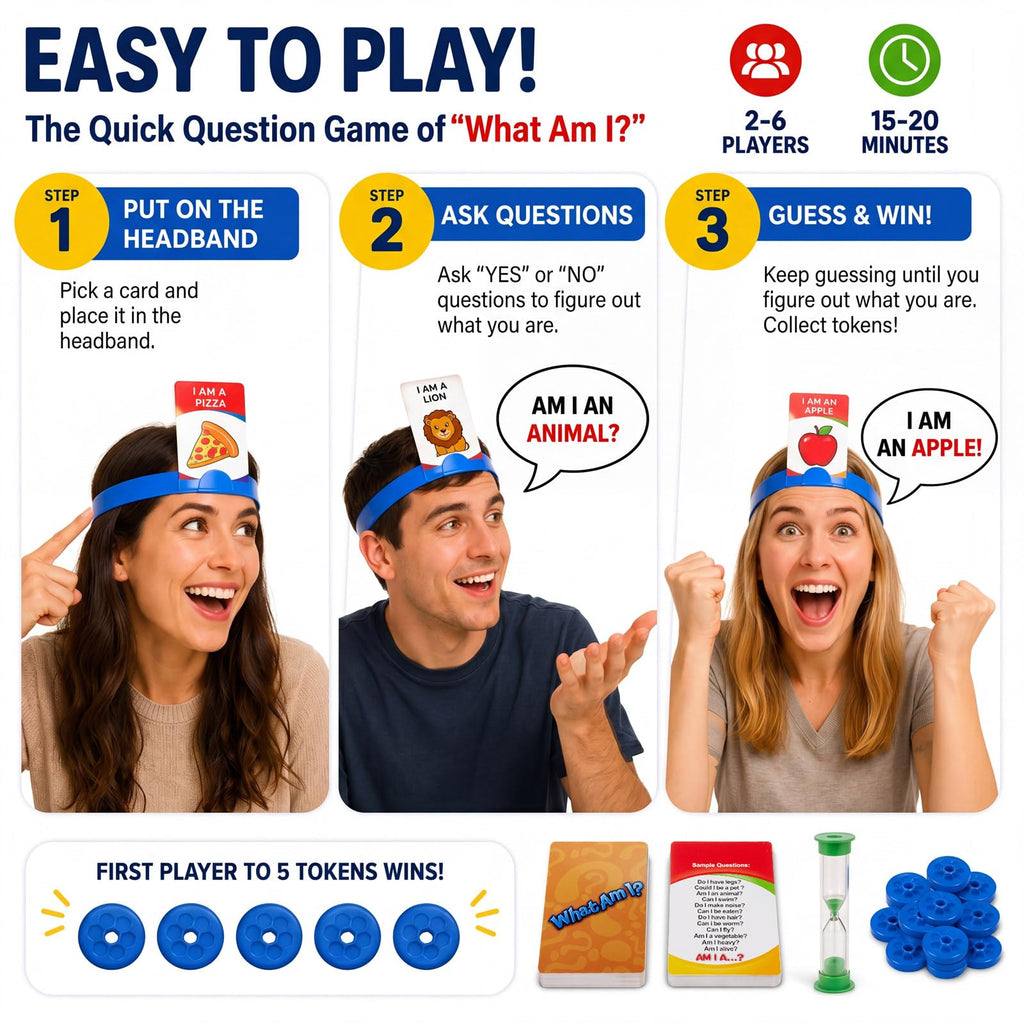 Sumind Headband Guessing Game - Fast-Paced 'What Am I?' Family Board Game with Adjustable Headbands, 3 Categories of Picture Cards, Sand Timer, and Scoring Coins