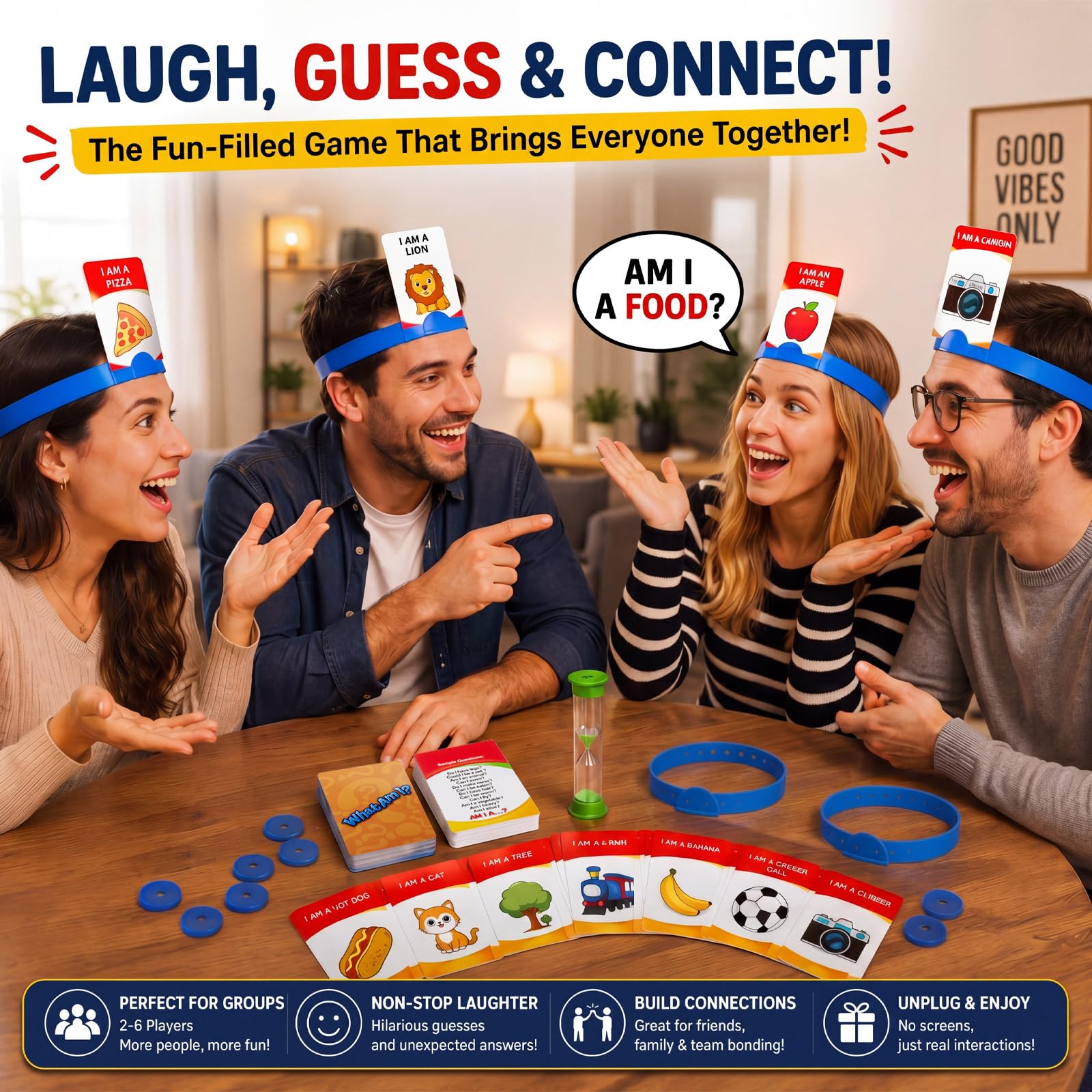 Sumind Headband Guessing Game - Fast-Paced 'What Am I?' Family Board Game with Adjustable Headbands, 3 Categories of Picture Cards, Sand Timer, and Scoring Coins