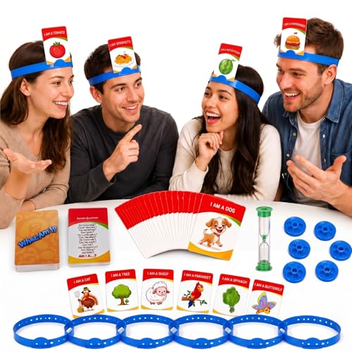 Sumind Headband Guessing Game - Fast-Paced 'What Am I?' Family Board Game with Adjustable Headbands, 3 Categories of Picture Cards, Sand Timer, and Scoring Coins
