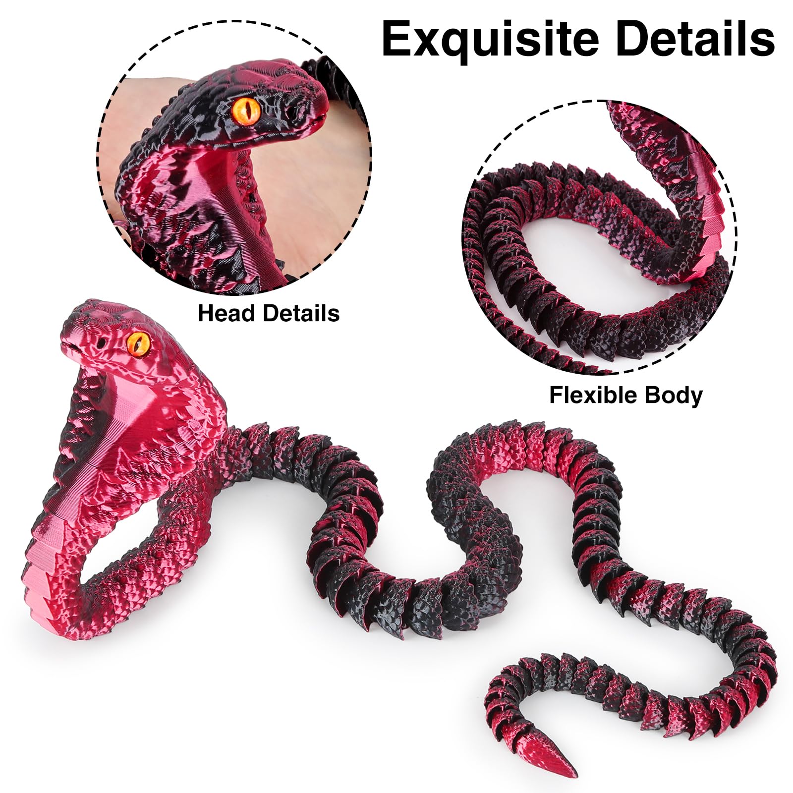 SUMLAND 23-Inch 3D Printed Snake Desk Toy – Flexible Black & Red PLA Cobra