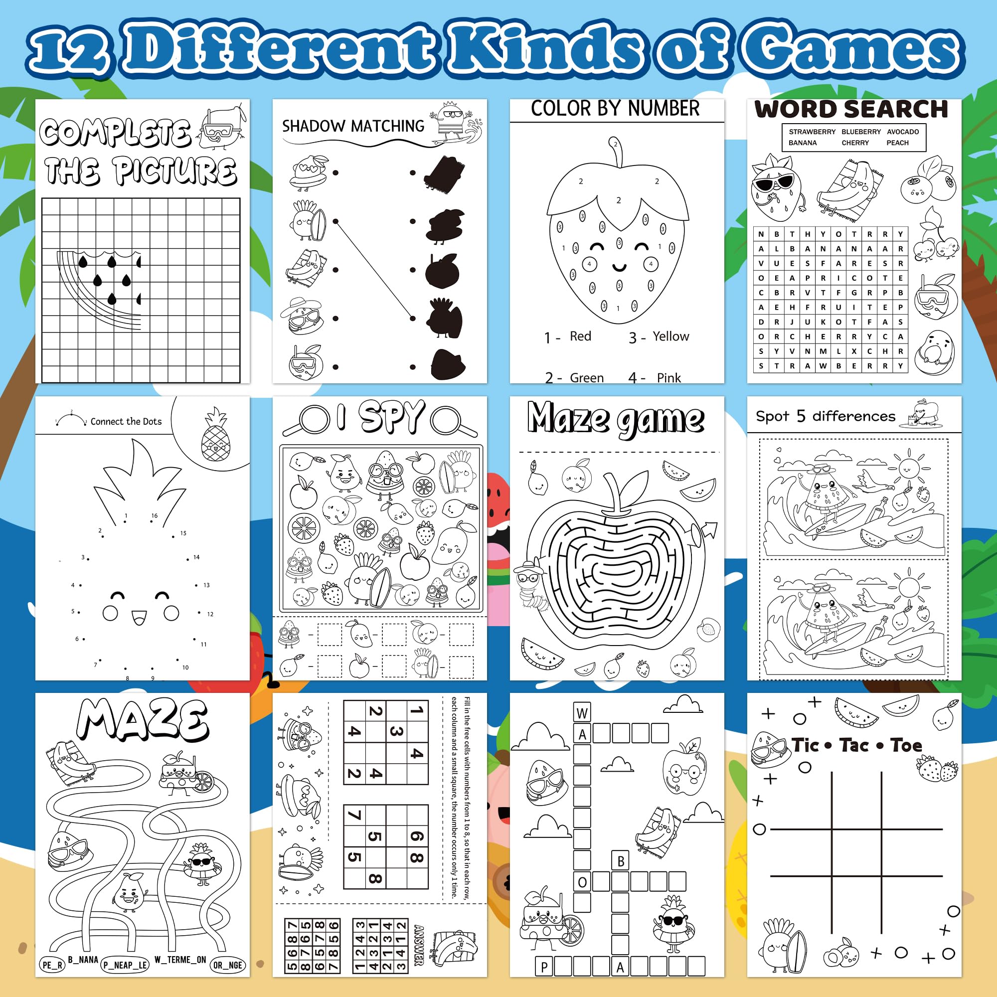 Summer Activity Books for Kids – 24 Pack Fruit-Themed Mini Puzzle Books for Party Favors & Classroom Prizes