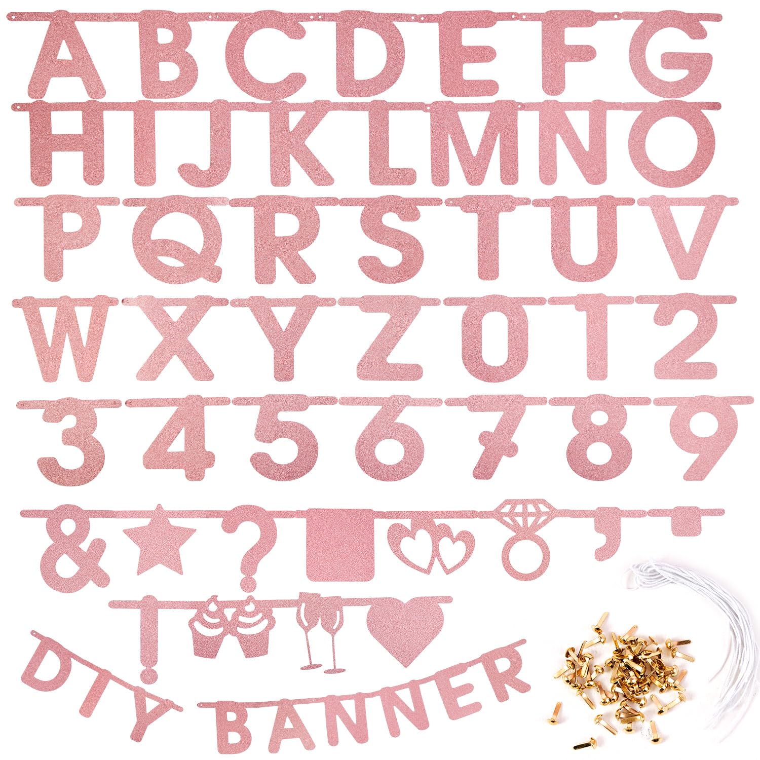 SUNBEAUTY 127-Piece Rosegold Glittery DIY Banner Kit – Customizable Letters & Symbols for Parties