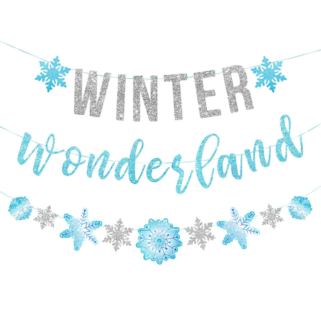 SUNBEAUTY 6.5ft Snowflake Garland Banner - Silver & Blue Winter Wonderland Party Decor