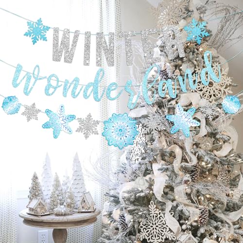 SUNBEAUTY 6.5ft Snowflake Garland Banner - Silver & Blue Winter Wonderland Party Decor