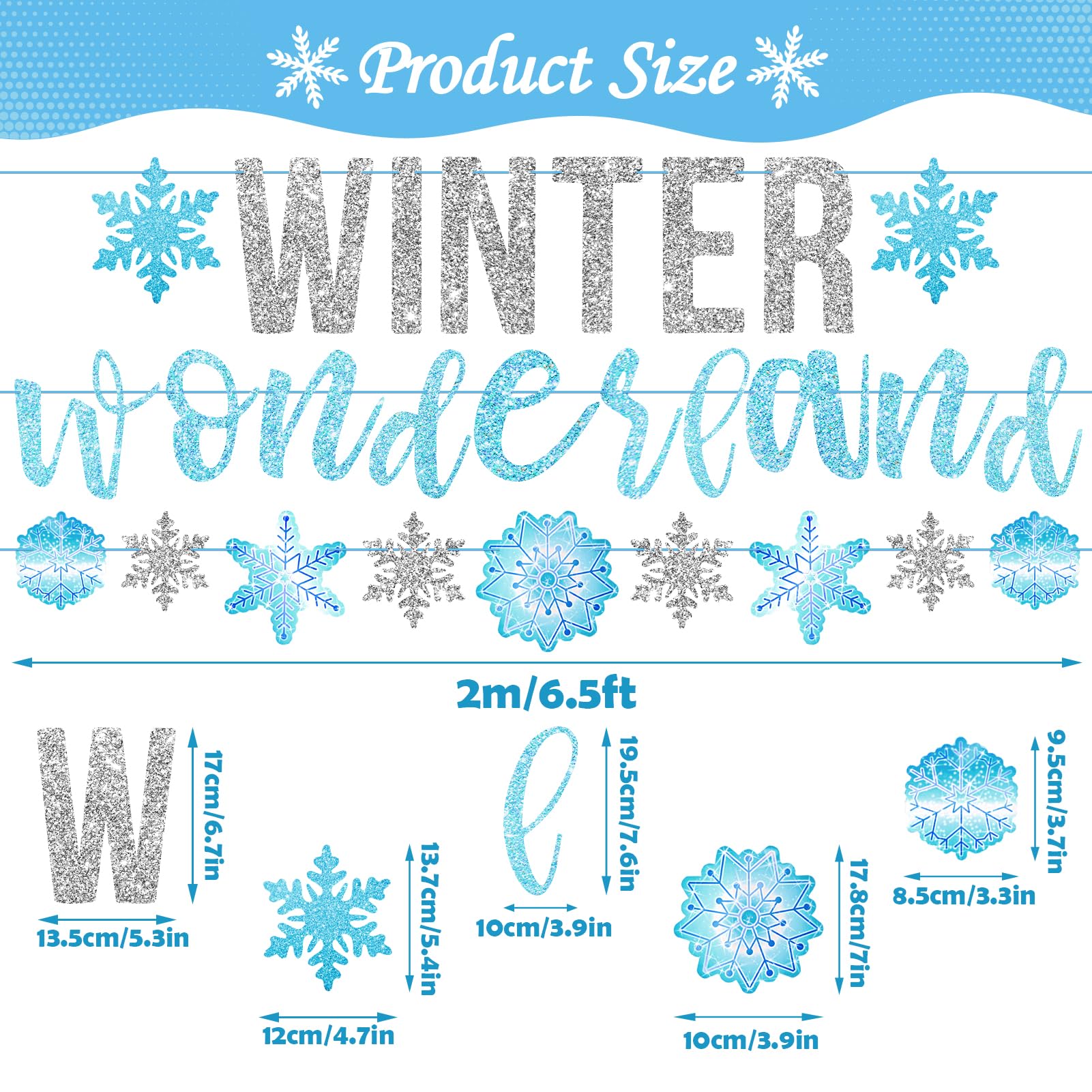 SUNBEAUTY 6.5ft Snowflake Garland Banner - Silver & Blue Winter Wonderland Party Decor