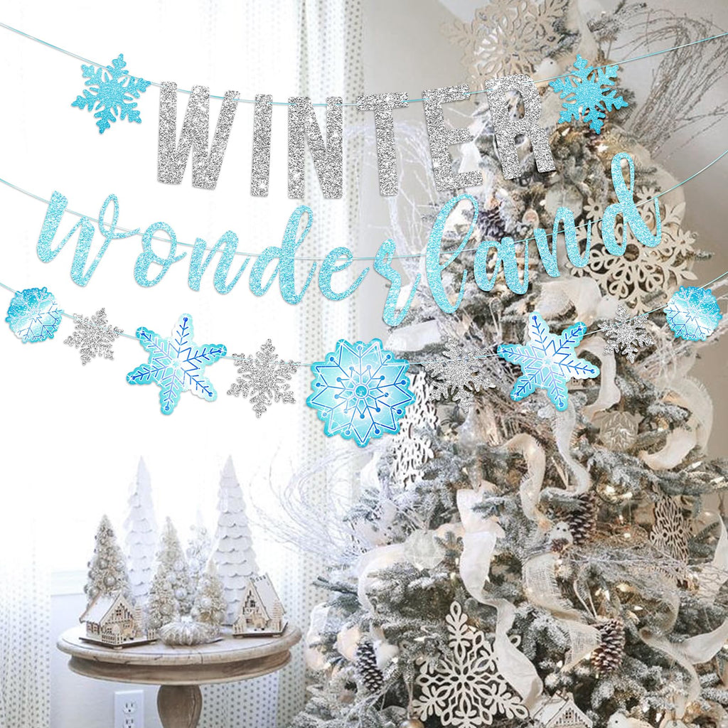 SUNBEAUTY 6.5ft Snowflake Garland Banner - Silver & Blue Winter Wonderland Party Decor