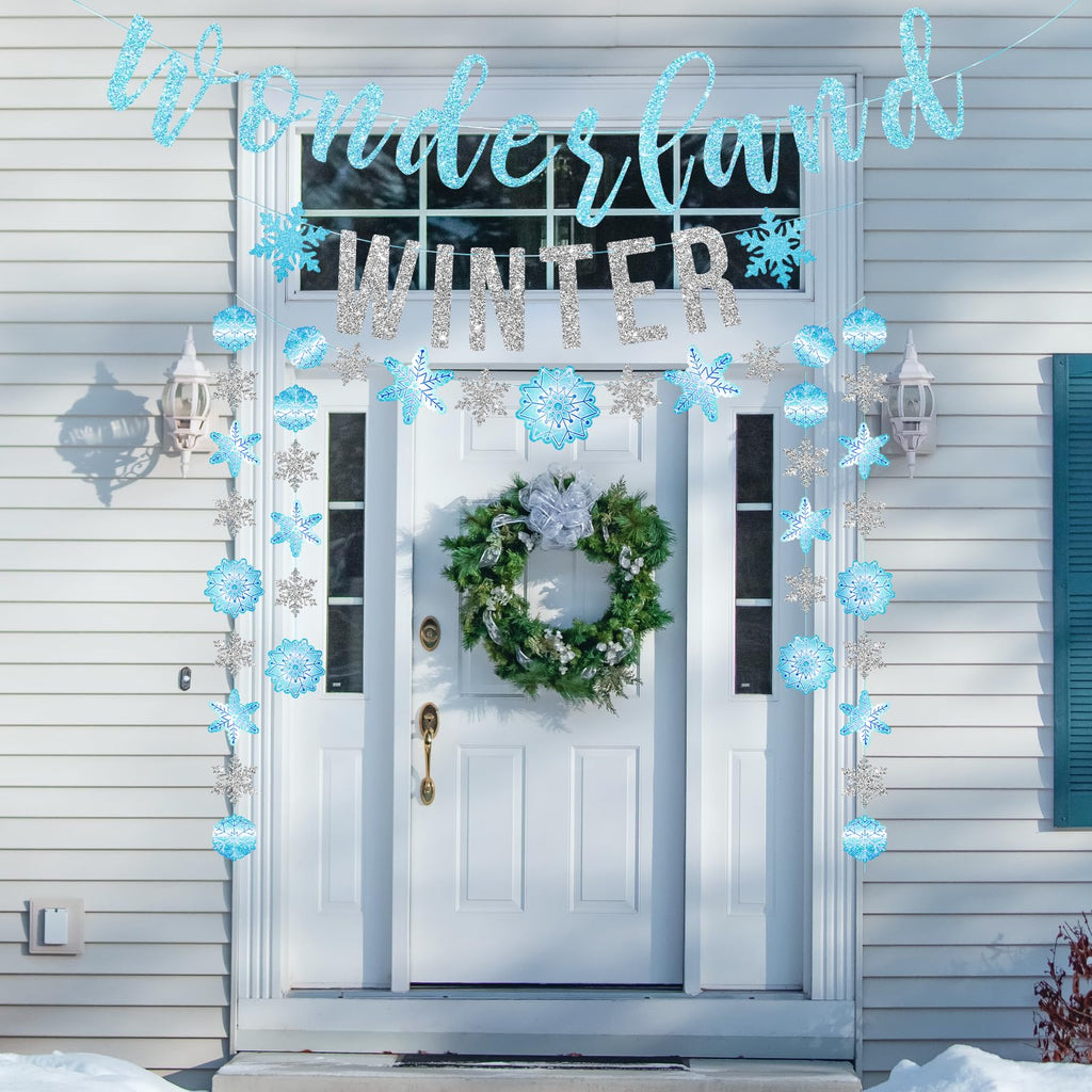 SUNBEAUTY 6.5ft Snowflake Garland Banner - Silver & Blue Winter Wonderland Party Decor