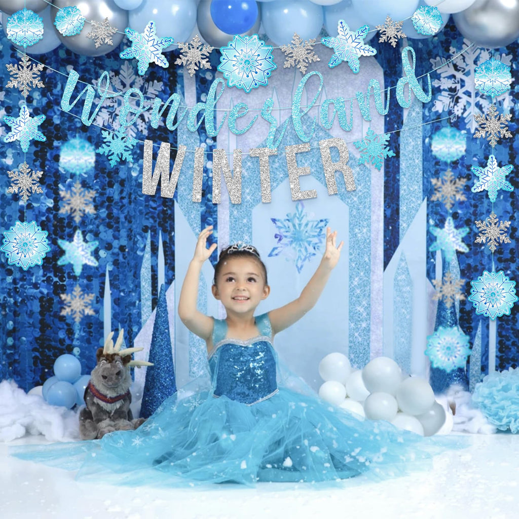 SUNBEAUTY 6.5ft Snowflake Garland Banner - Silver & Blue Winter Wonderland Party Decor