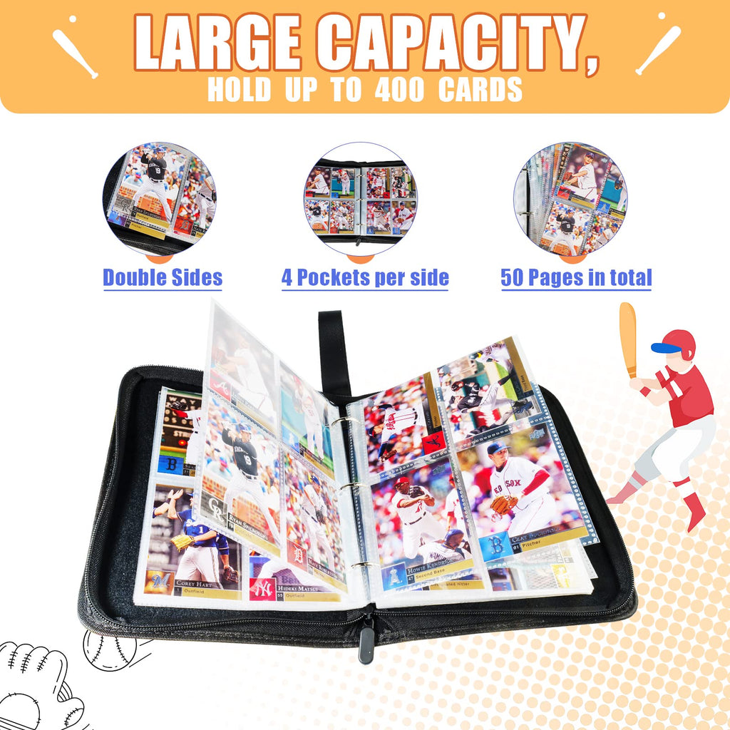 Sunhorse Baseball Card Binder - Holds 400 Cards, 50 Double-Sided Sleeves, Zipper Closure