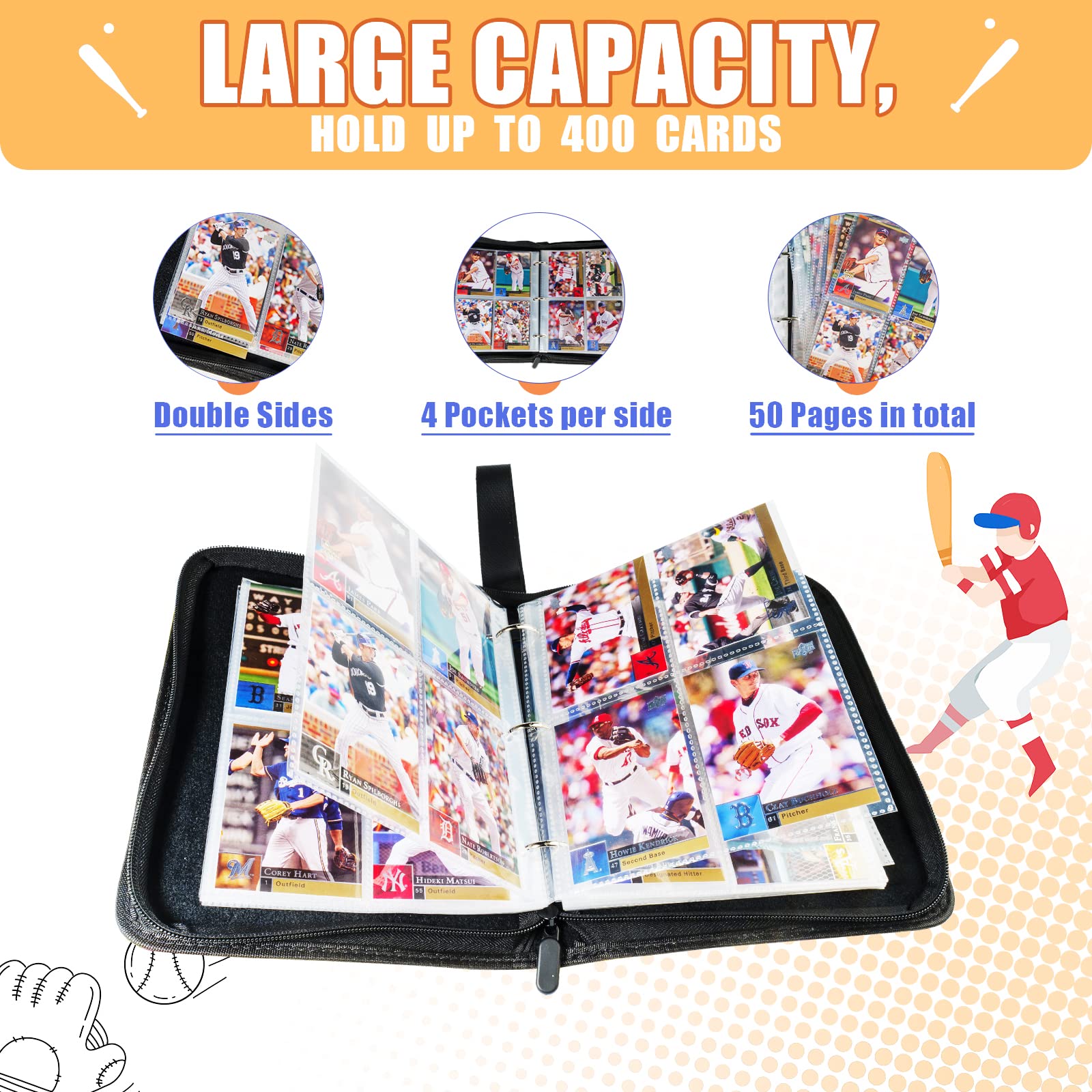 Sunhorse Baseball Card Binder - Holds 400 Cards, 50 Double-Sided Sleeves, Zipper Closure