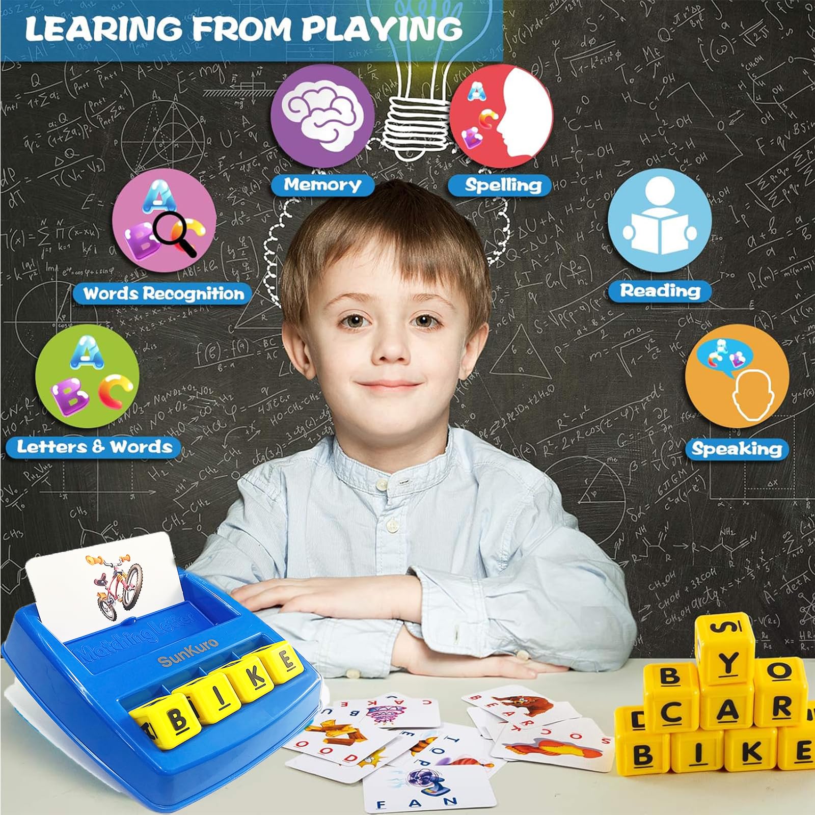 SUNKURO Matching Letter Game for Kids Ages 3-8 - Educational Alphabet Puzzle Toy, Blue