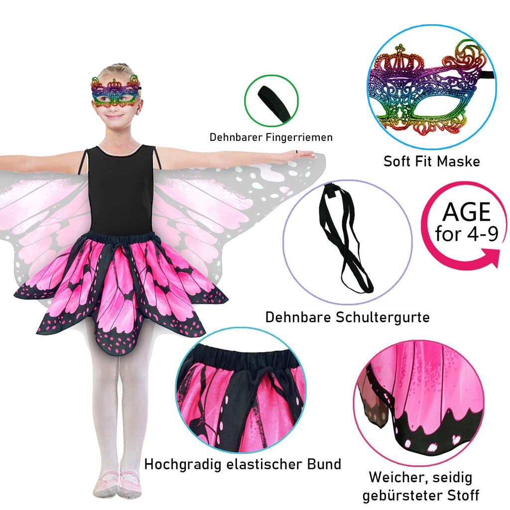 Sunlisky Kids Butterfly Wings Costume Set for Girls – Fairy Dress, Wings & Mask for Ages 4-9