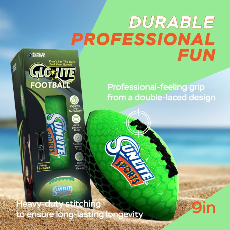 Sunlite Sports Glow-in-the-Dark Waterproof Football – Neoprene, Puncture-Resistant, 9-Inch, for Pool Beach Backyard Family Fun