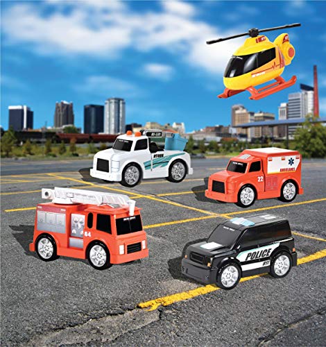Sunny Days Entertainment Micro Mini City Rescue Vehicles Set – 5 Mini Cars with Soft Rubber Tires