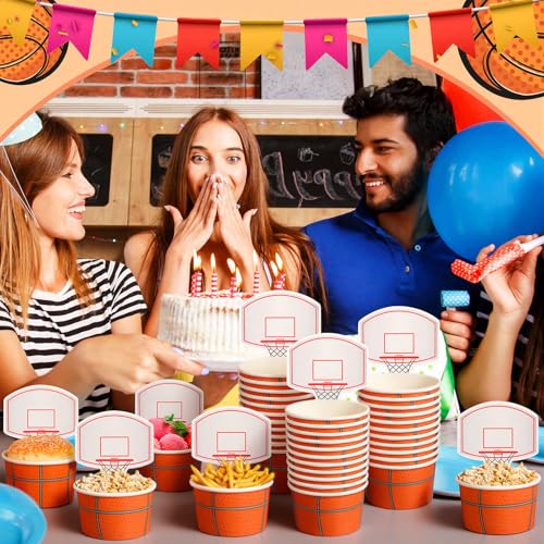Sunnyray 24 Sets Basketball Hoop Snack Cups - Disposable Paper Party Cups with Cards for Basketball Themed Birthday Parties