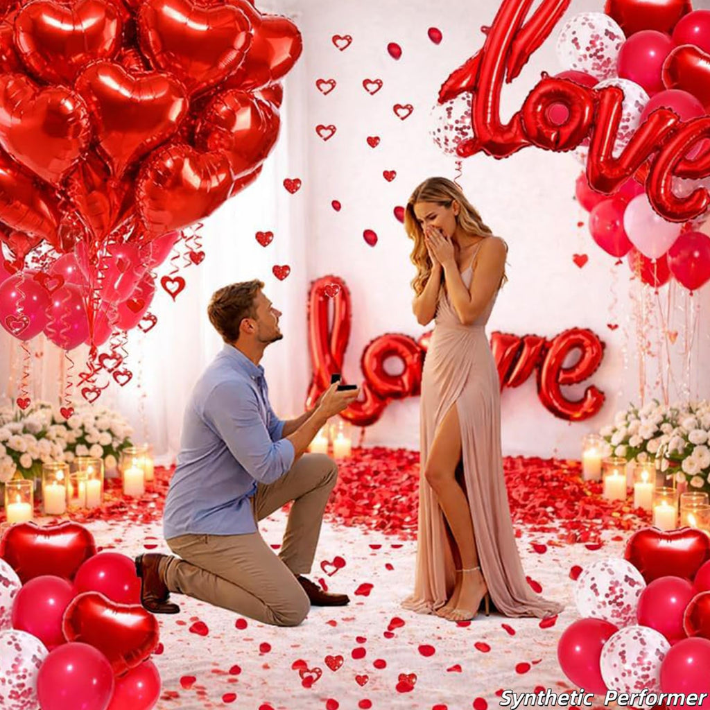 SUNPROUND Red Romantic Party Decoration Kit – 147 Pieces with Heart Balloons, LOVE Balloon, Rose Petals for Wedding, Anniversary, Proposal