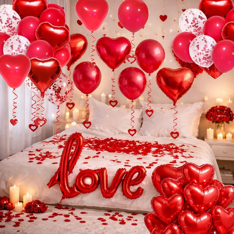 SUNPROUND Red Romantic Party Decoration Kit – 147 Pieces with Heart Balloons, LOVE Balloon, Rose Petals for Wedding, Anniversary, Proposal