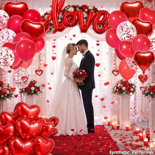 SUNPROUND Red Romantic Party Decoration Kit – 147 Pieces with Heart Balloons, LOVE Balloon, Rose Petals for Wedding, Anniversary, Proposal