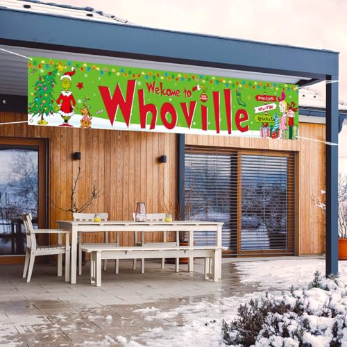 Sunwer Merry Christmas Fence Banner - Green-A, 1.6x8.2ft Polyester, Windproof, Indoor Outdoor Holiday Decoration