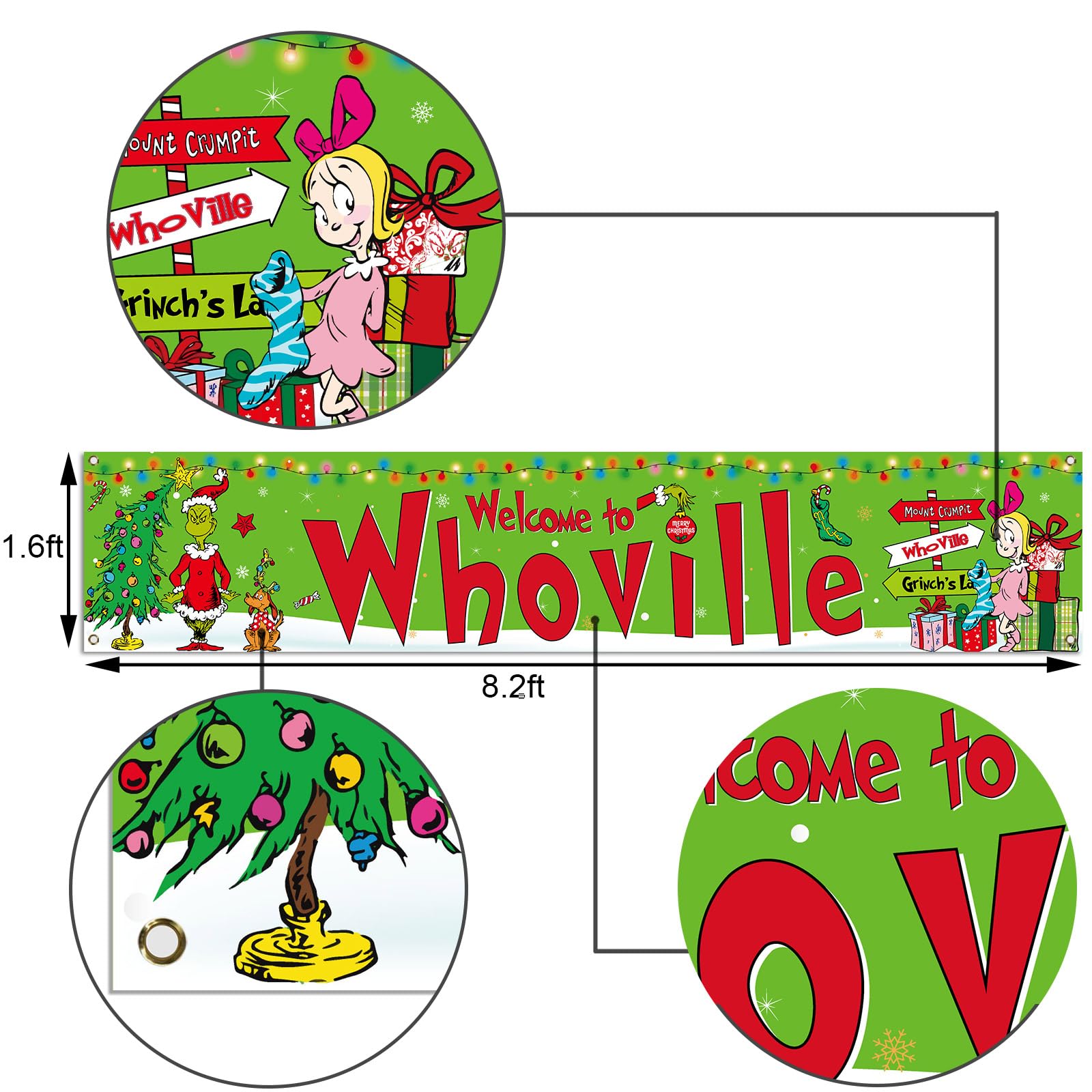 Sunwer Merry Christmas Fence Banner - Green-A, 1.6x8.2ft Polyester, Windproof, Indoor Outdoor Holiday Decoration