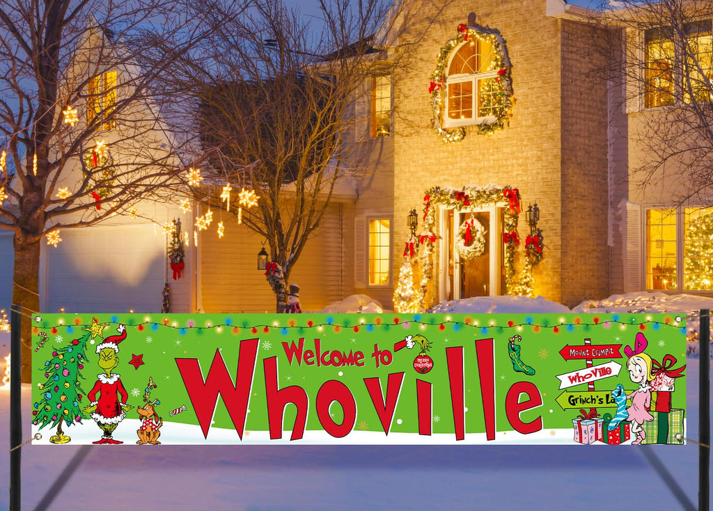 Sunwer Merry Christmas Fence Banner - Green-A, 1.6x8.2ft Polyester, Windproof, Indoor Outdoor Holiday Decoration