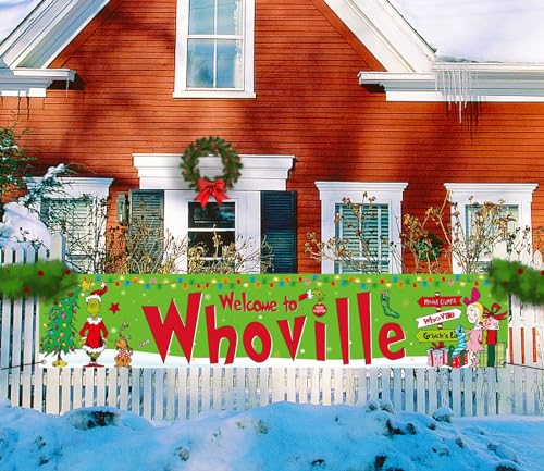 Sunwer Merry Christmas Fence Banner - Green-A, 1.6x8.2ft Polyester, Windproof, Indoor Outdoor Holiday Decoration