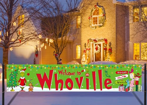 Sunwer Merry Christmas Fence Banner - Green-A, 1.6x8.2ft Polyester, Windproof, Indoor Outdoor Holiday Decoration