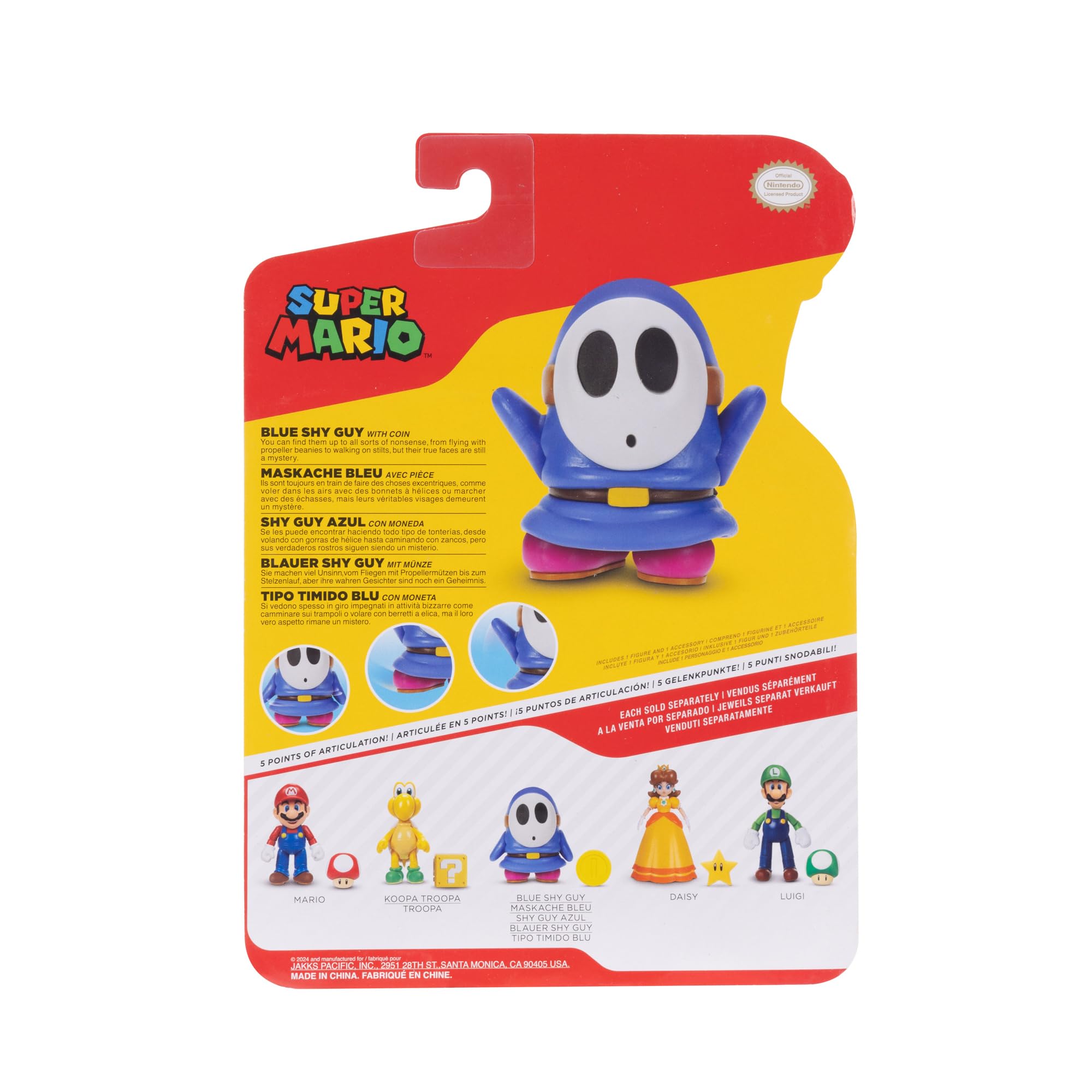 Super Mario 4-Inch Blue Shy Guy Action Figure with Coin – Poseable, Ages 3+