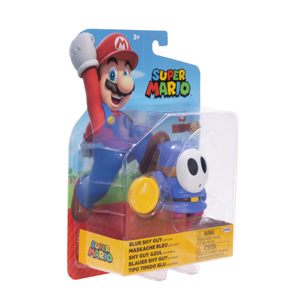 Super Mario 4-Inch Blue Shy Guy Action Figure with Coin – Poseable, Ages 3+