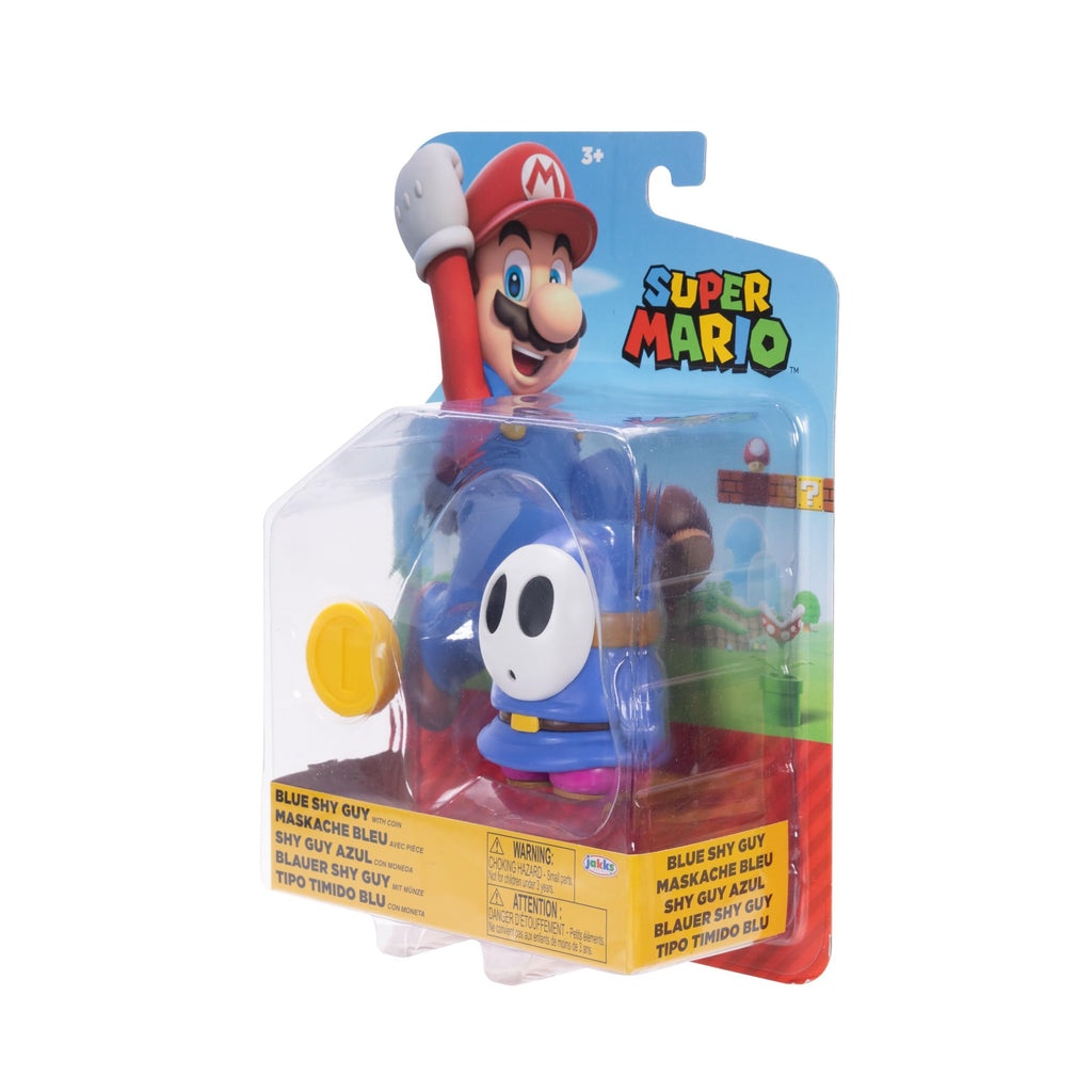 Super Mario 4-Inch Blue Shy Guy Action Figure with Coin – Poseable, Ages 3+