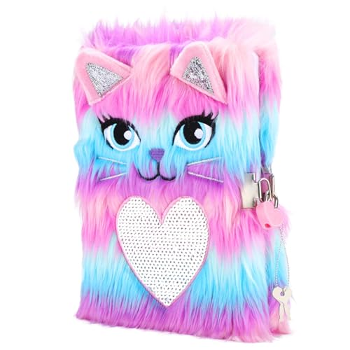 SuperStyle Plush Cat Lock Diary – Secret Notebook for Girls 6-12, Soft Fuzzy Cover with 64 Pages