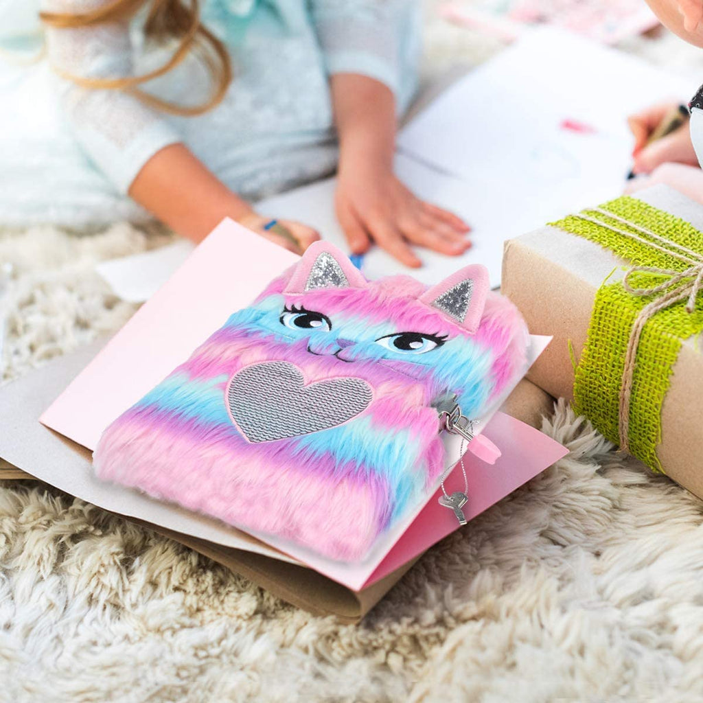 SuperStyle Plush Cat Lock Diary – Secret Notebook for Girls 6-12, Soft Fuzzy Cover with 64 Pages