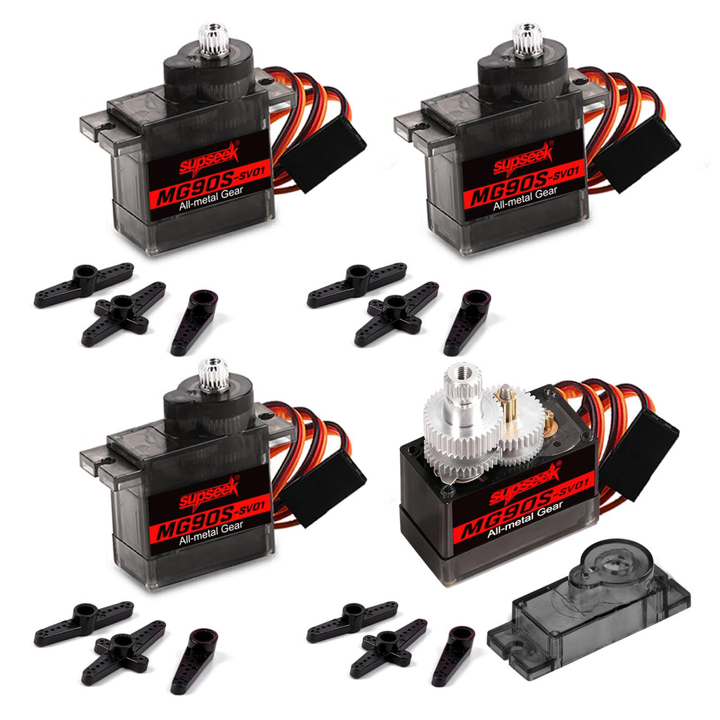 SupSeek MG90S 9g Micro Servo Motor Kit (4pcs) – Metal Gear, 2.0 kg-cm Torque, 0.08 sec/60° for RC Planes, Arduino, Robotics