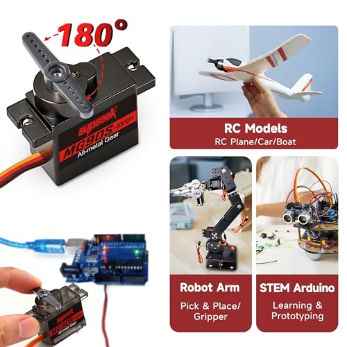 SupSeek MG90S 9g Micro Servo Motor Kit (4pcs) – Metal Gear, 2.0 kg-cm Torque, 0.08 sec/60° for RC Planes, Arduino, Robotics