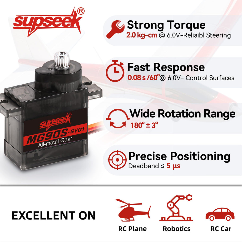 SupSeek MG90S 9g Micro Servo Motor Kit (4pcs) – Metal Gear, 2.0 kg-cm Torque, 0.08 sec/60° for RC Planes, Arduino, Robotics