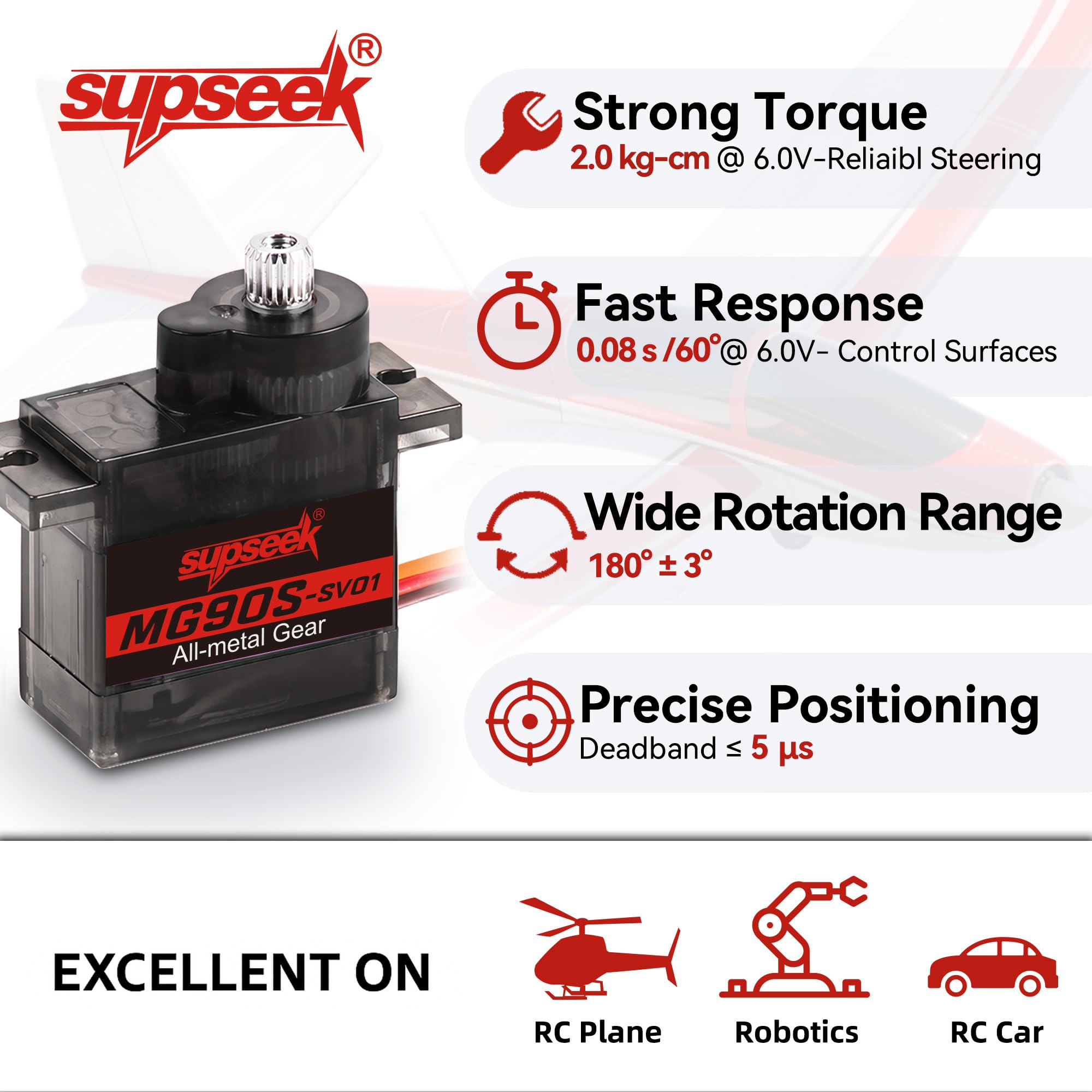 SupSeek MG90S 9g Micro Servo Motor Kit (4pcs) – Metal Gear, 2.0 kg-cm Torque, 0.08 sec/60° for RC Planes, Arduino, Robotics