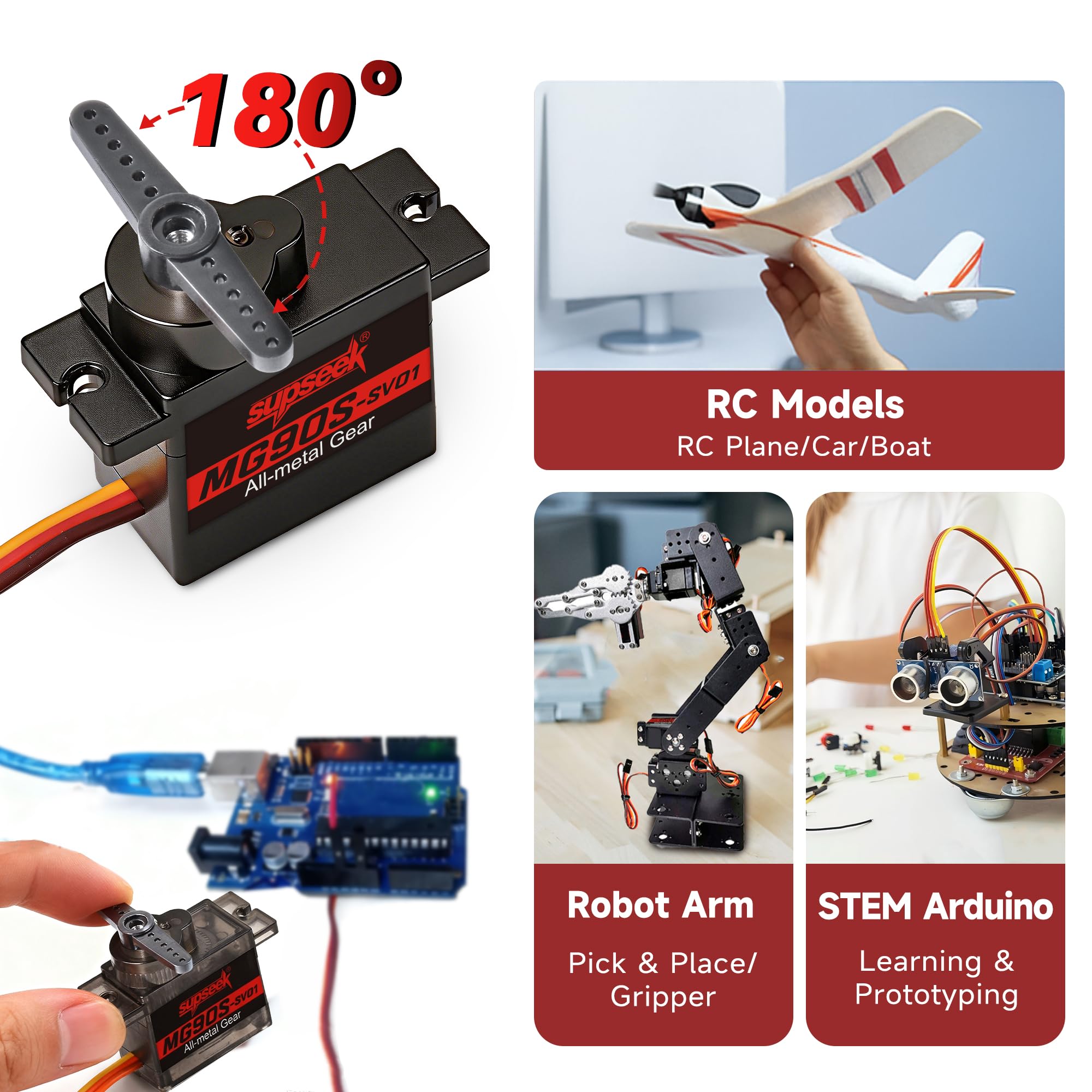 SupSeek MG90S 9g Micro Servo Motor Kit (4pcs) – Metal Gear, 2.0 kg-cm Torque, 0.08 sec/60° for RC Planes, Arduino, Robotics