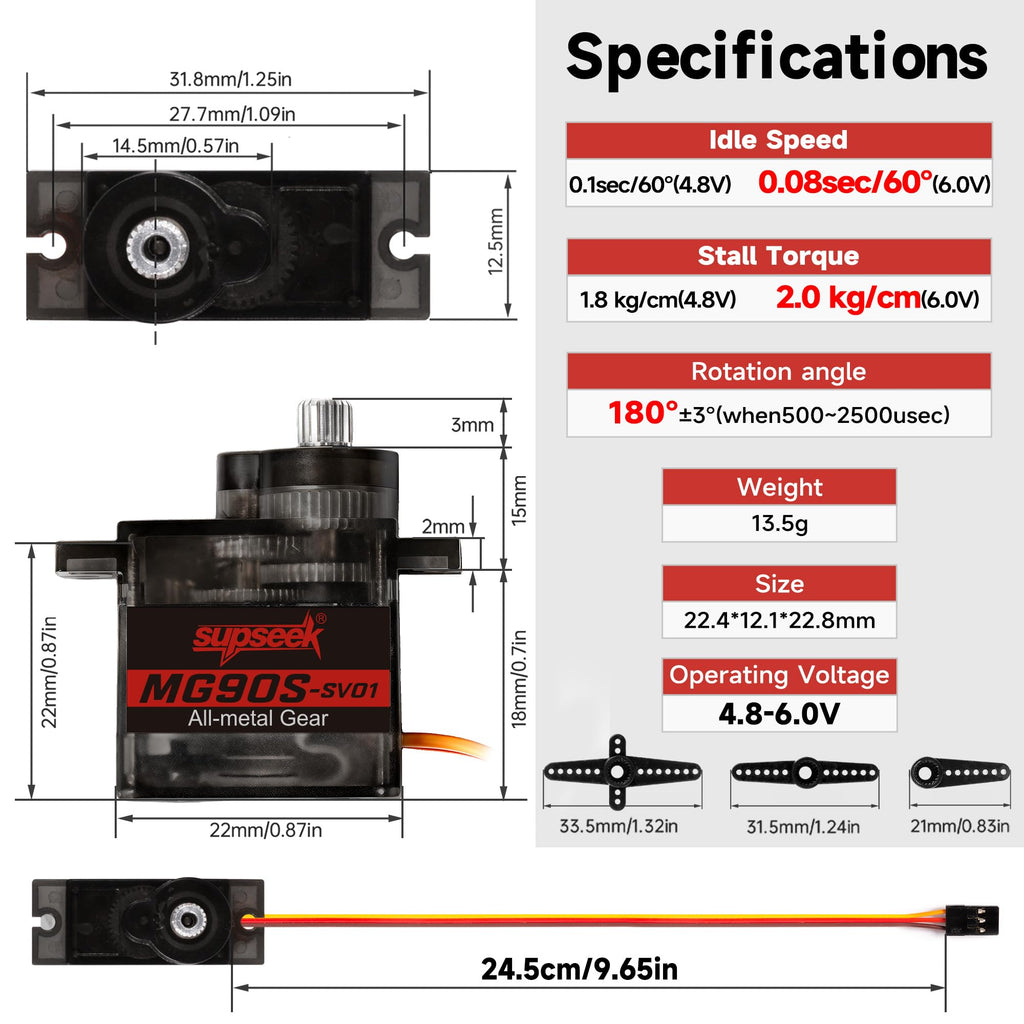 SupSeek MG90S 9g Micro Servo Motor Kit (4pcs) – Metal Gear, 2.0 kg-cm Torque, 0.08 sec/60° for RC Planes, Arduino, Robotics