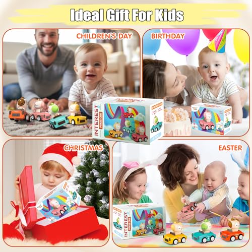 SUPVIB Press to Go Friction Inertia Car Animal Toddler Toy for 1-3 Year Old - 360° Rotating Head Click Sound
