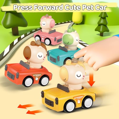 SUPVIB Press to Go Friction Inertia Car Animal Toddler Toy for 1-3 Year Old - 360° Rotating Head Click Sound