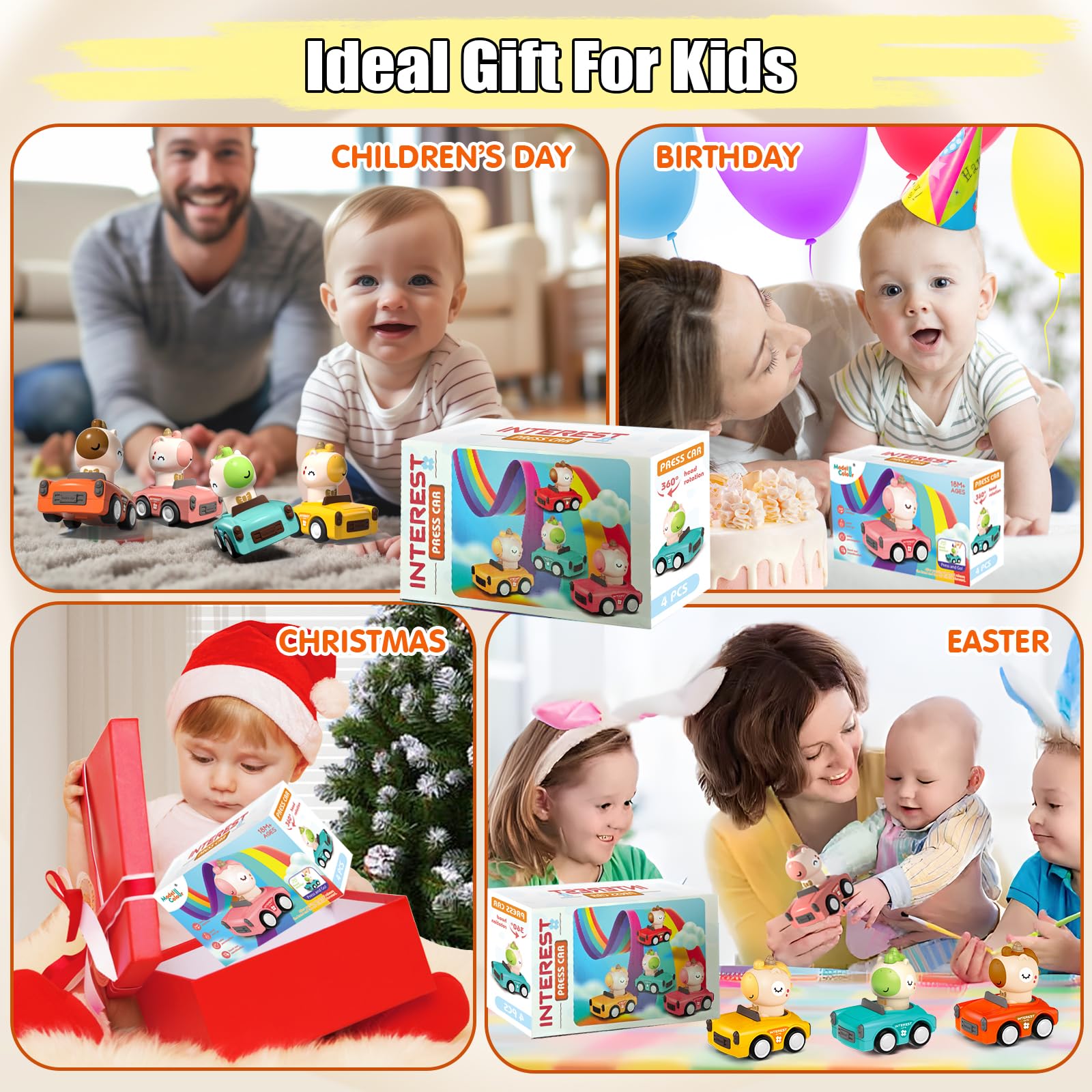 SUPVIB Press to Go Friction Inertia Car Animal Toddler Toy for 1-3 Year Old - 360° Rotating Head Click Sound