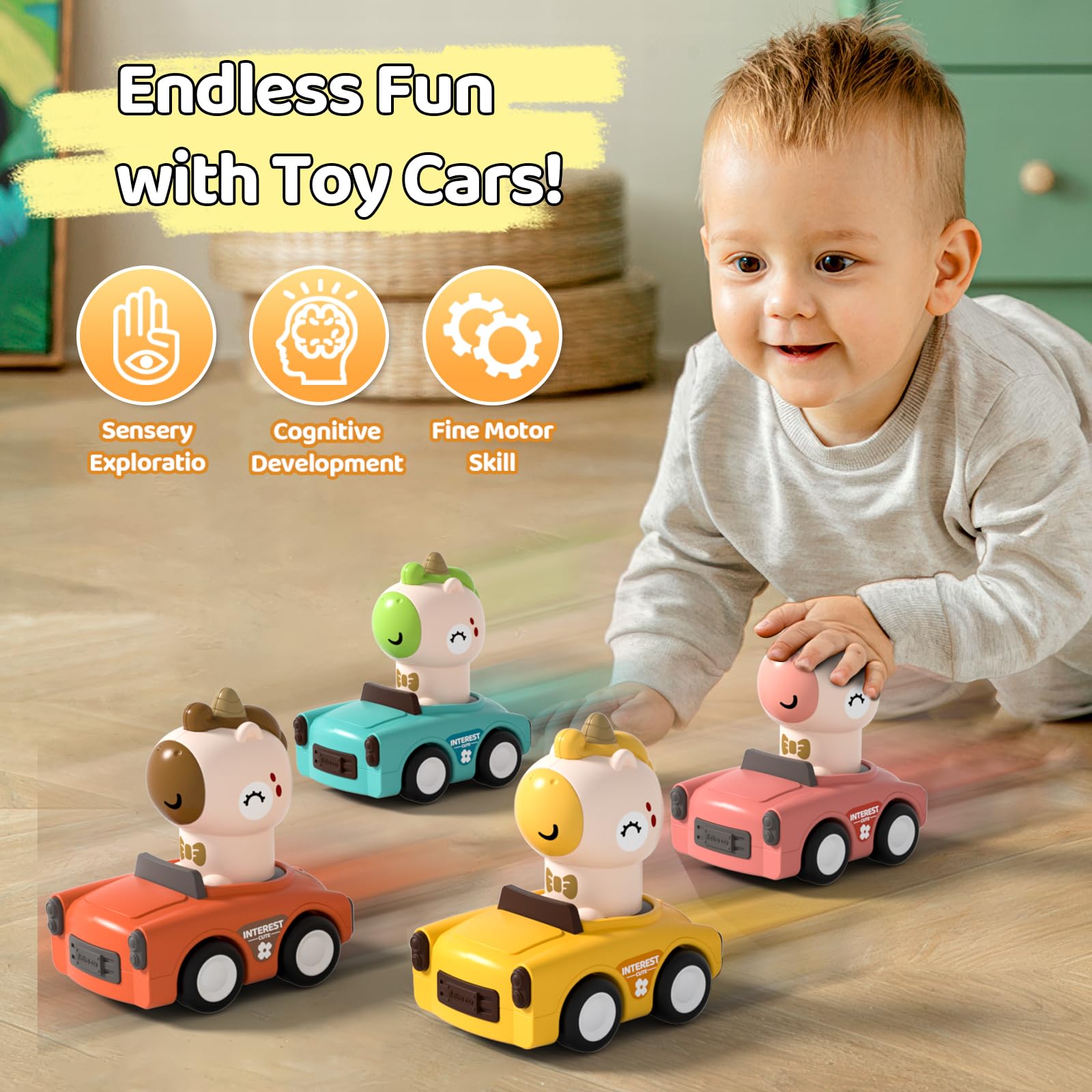 SUPVIB Press to Go Friction Inertia Car Animal Toddler Toy for 1-3 Year Old - 360° Rotating Head Click Sound