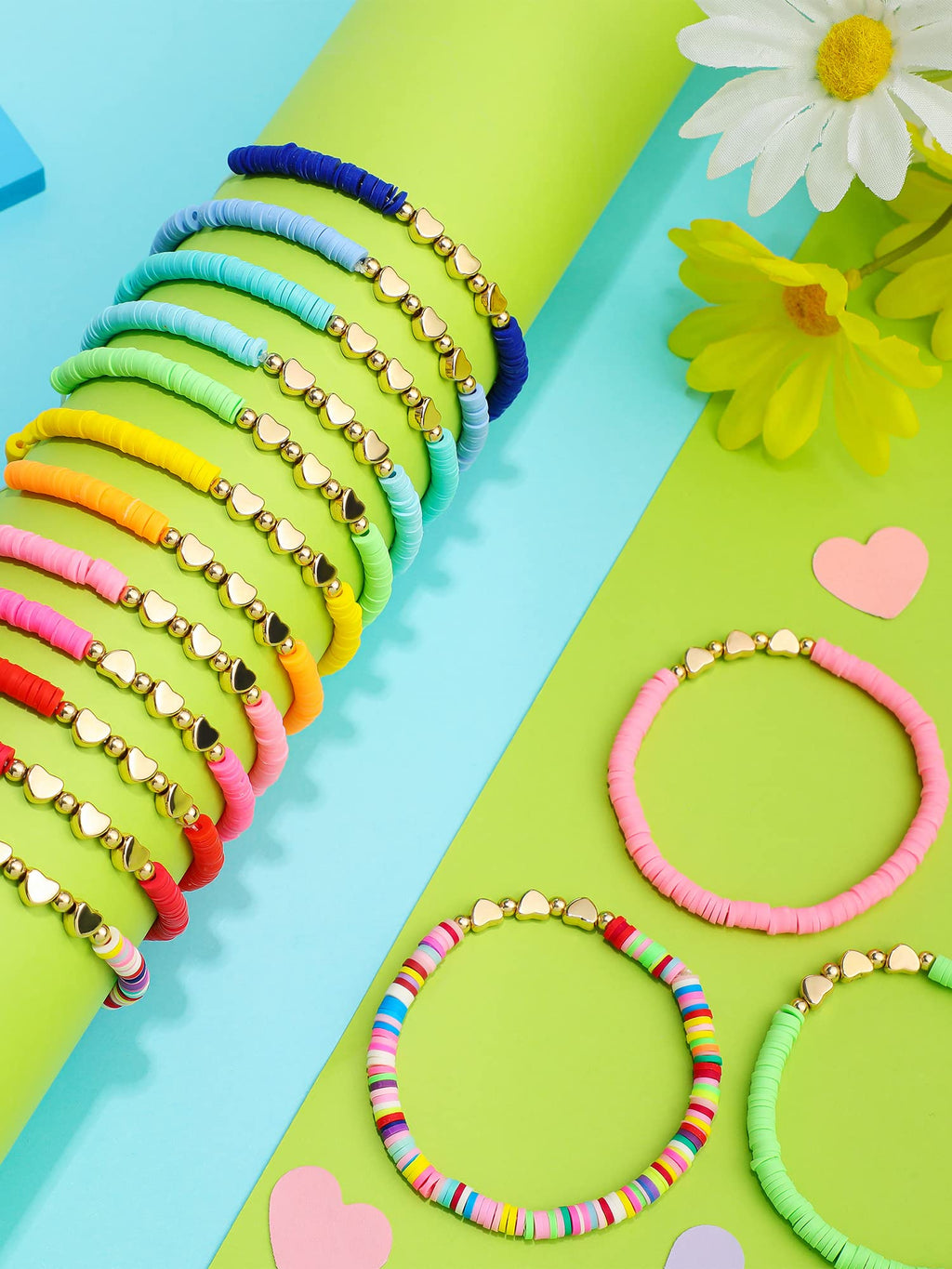 Sureio 24 Pcs Colorful Friendship Bracelets – Letter, Heart, Smile & Surfer Designs – Stretch Beaded for Girls, Women & Tween Party Favors